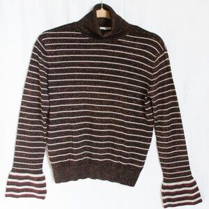 MNG MANGO Gold Metallic Shimmer Striped Turtleneck Sweater Size S Bell Sleeves